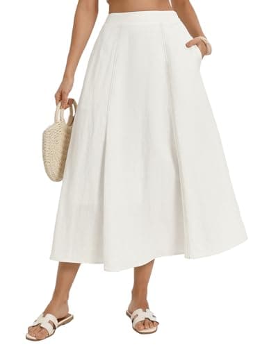 Kate Kasin Women's Linen Blend Skirts, High Waist A Line Skirt, Flowy Summer Long Skirt with Pockets White - Image 1