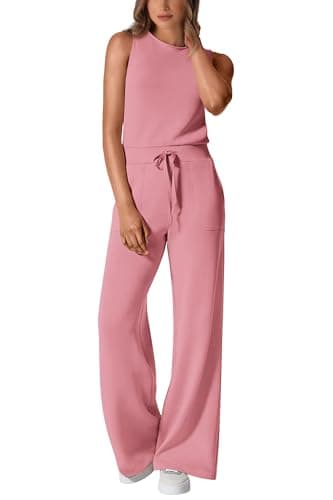 PRETTYGARDEN Women's Summer Fashion Clothes Sleeveless Loose Jumpsuits Stretchy Long Pants Romper with Pockets (Dusty Pink,Small) - Image 1