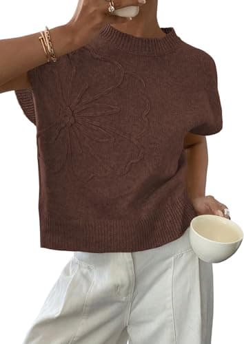 PRETTYGARDEN Women's 2026 Spring Sweater Vest Trendy Flower Knit Short Sleeve Cute Pullover Tank Tops Summer Fashion Clothing (Brown,Large) - Image 1