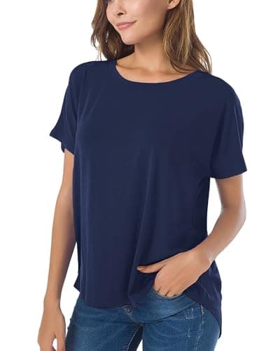 Herou Women's Casual Tshirt Wide Neck Short Sleeve Well Made Hi Low Loose Fit Shirts with Side Slit Navy XX-Large - Image 1