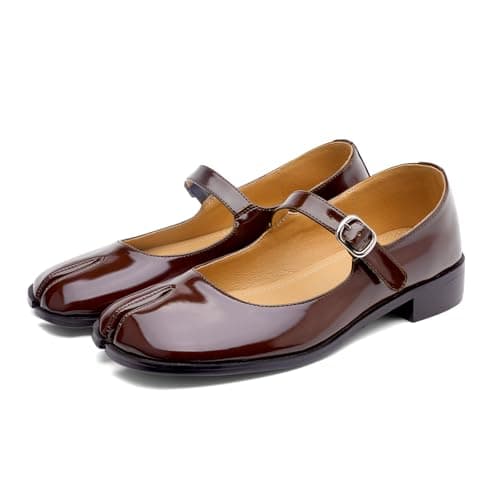 VOZTOLLS Mary Jane Flats Women Tabi Split Toe Low Block Heel Mary Jane Pumps Comfortable Casual Walking Dress Party Flats Shoes Dark Brown Size 9.5 - Image 1