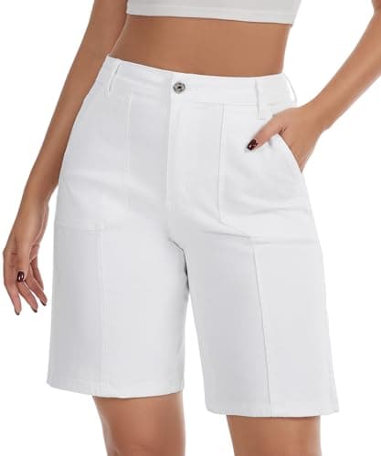 VIPONES Longer Jean Shorts for Women Knee Length High Waisted Pull on White Denim Baggy Shorts Women Stretchy with Pockets(6034,M) - Image 1