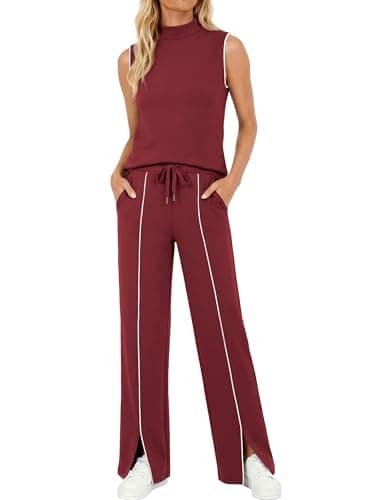 Casly Lamiit 2 Piece Sets for Women Casual Summer Mock Neck Sleeveless Tank Top Front Slit Pants Lounge Wear Wine Red M - Image 1