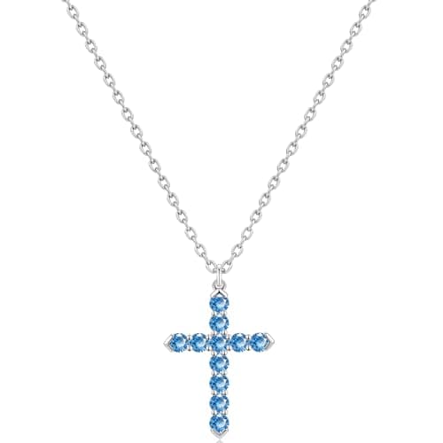 Cross Necklace for Women, Silver Cross Necklace for Women, 14K White Gold Plated Dainty Cross Pendant Necklace with Cubic Zirconia, Hypoallergenic Christian Religious Jewelry Gifts (Blue-White Gold Plated) - Image 1