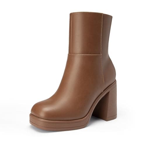 Athlefit Women's High Chunky Heel Platform Ankle Boots Caramel Size 8.5