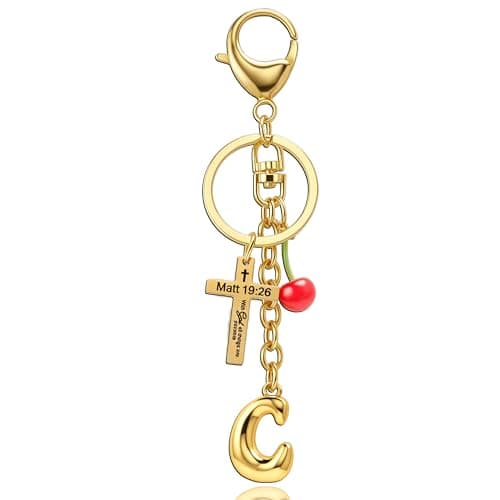 Jekvill Bubble letter Keychain with Cross & Cherry - Initial Keychain Gold Letter C Bag Charms for Women, Cute Purse Handbag Accessories - Image 1