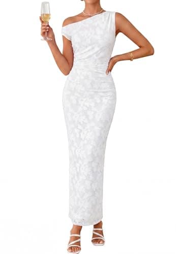 PRETTYGARDEN Womens Floral One Shoulder Maxi Dress 2026 Summer Spring Wedding Guest Formal Bodycon Ruched Cocktail Dresses (White,X-Large) - Image 1