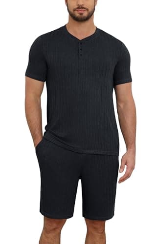 NITAGUT Men’s Summer Pajama Set Lightweight Loungewear Short Sleeve Henley Top & Sleep Shorts 2 Piece Stretch Lounge Set with Pockets,Black M - Image 1
