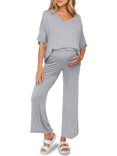 Tankaneo Womens Maternity Pajamas 2 Piece Lounge Set Soft Short Sleeve V Neck T-shirt Cropped Pants Pregnancy Loungewear, Grey, Small - Image 1