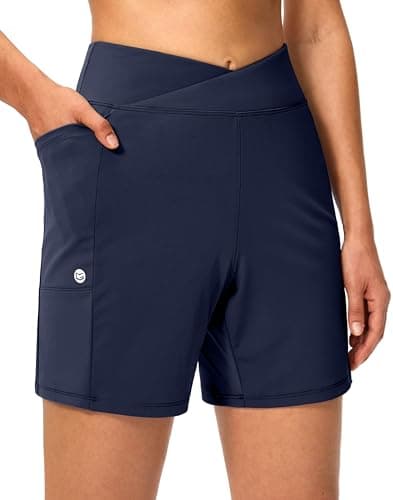 G Gradual Women's Athletic Shorts 6" High Waisted Stretchy Bermuda Shorts for Women Quick Dry Summer Casual Shorts(Navy,S) - Image 1
