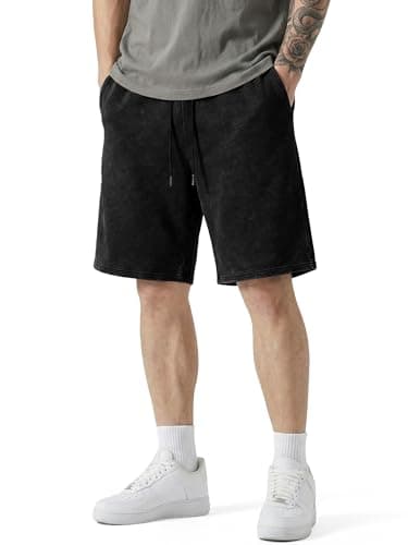 JMIERR Men's Bermuda Shorts Acid Washed Vintage Cotton Baggy Loose Fit Elastic Waist Drawstring Breathable Athletic Sweat Shorts, Black,Black,Small - Image 1