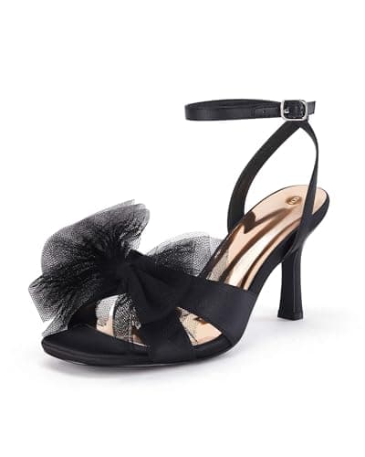 Coutgo Womens Lace Bow Heels Sandals Open Square Toe Stiletto High Heel Ankle Strap Bride Wedding Dress Shoes, Black, Size 8 - Image 1