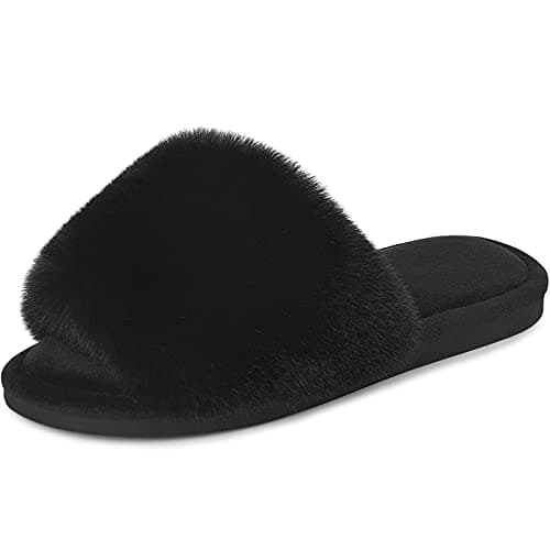 Parlovable Women's Faux Fur Slippers â Fluffy Open-Toe Memory Foam Slides with Anti-Slip Sole, Indoor & Outdoor House Shoes Black 9-10 - Image 1