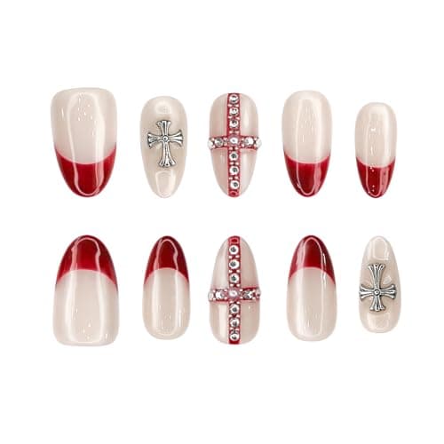 Yacey Handmade Press on Nails Short Almond, Reusable False Nails Press Ons, Red French Tip Thick Acrylic Fake Nails, Gothic 3D Cross Artificial Bling Glossy Glue on Nails for Women Girls (10 Pcs, M) - Image 1