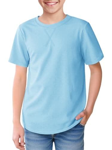Boys Short Sleeve Tshirts Soft Summer Tops Trendy Cross Stitch Crewneck Tees with Curved Hem Top for Ages 5-14 Blue - Image 1