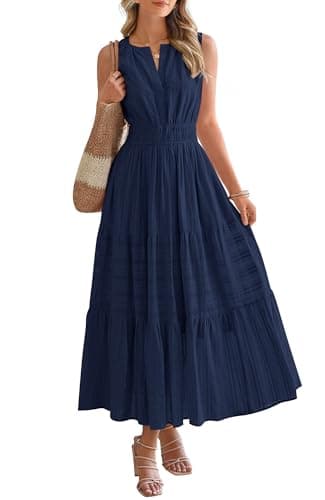 BTFBM Summer Dresses for Women 2026 Sleeveless Boho V Neck A Line Flowy Spring Casual Maxi Dress Beach Vacation Pockets(Navy Blue, Medium) - Image 1