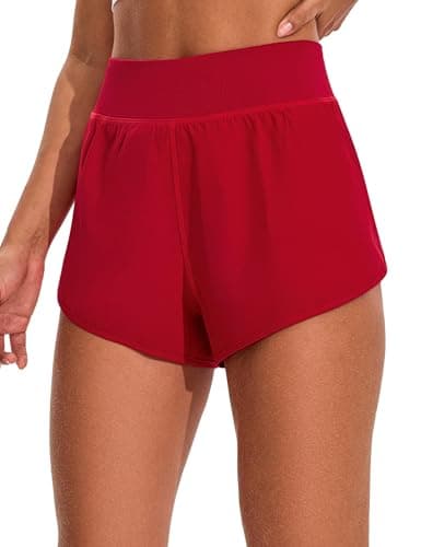 EZRUN Women's 3" Athletic Shorts High Waisted Split Dolphin Workout Shorts Comfy Mesh Liner for Gym Running Track (Deep Red,M) - Image 1