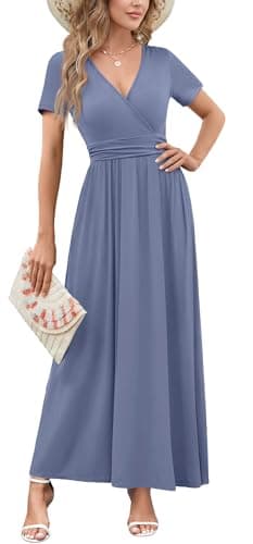 WEACZZY Maxi Dresses for Women 2026 Summer V Neck Short Sleeve Beach Holiday Formal Sundress Empire Waist Casual Elegant Long Dress with Pockets,Purple,XX-Large - Image 1