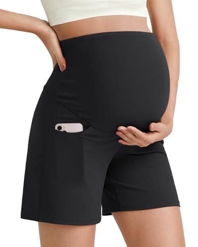 G4Free Maternity Shorts for Women Over The Belly Pregnancy Summer Clothes Workout Yoga Athletic Lounge Shorts with Pockets(Black,L) - Image 1
