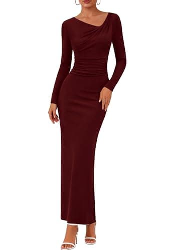 Lazysmile Women's Long Sleeve Asymmetrical Neck Bodycon Maxi Dress Back Slit Ruched Party Cocktail Wedding Guest Dressees Wine Red - Image 1