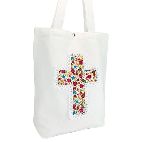 Christian Tote Bag for Women, Bible Bags with Handcrafted Cross & Lace, 12oz Canvas Religious Church Bag with Pocket & Snap Closure, Spacious Gift for Church & Baptism (White-Multicolor Retro Floral) - Image 1