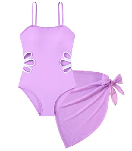 Cuddomper Girls Swimsuit Purple Cut Out One Piece Bathing Suit Adjustable Straps Swimwear with Cover Up Skirt Vacation Beach Size 11-12