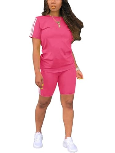 STOLKISS Tracksuits for Women Set Two Pieces Outfits Summer Casual Round Neck Short Sleeve Top and Skinny Sweatshorts Rose Red XL - Image 1