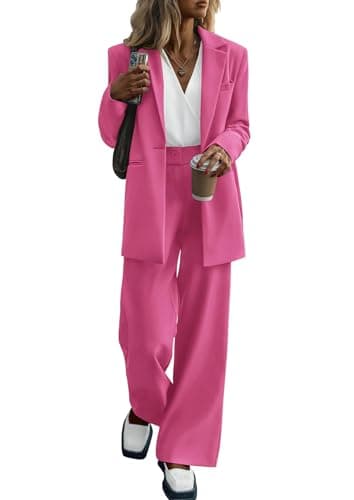 KIRUNDO Women Suits 2 Piece Set Business Casual Dressy Oversized Blazer Jacket and Wide Leg Dress Pantsuits Formal Outfits(Rose Red, Small) - Image 1