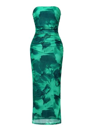 OutfitShow Womens Summer Bodycon Maxi Dresses 2026 Floral Strapless Tube Slit Ruched Mesh Cocktail Party Long Dress, Tie Dry Green S - Image 1