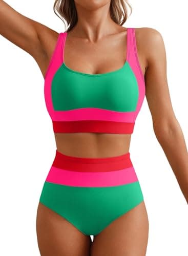 Herseas Women's 2 Piece Bikini Sets Green Red Colorblock Sexy Swim Suit Suit Moderate Coverage High Waisted Stretchy Sporty 2026 Summer Beach Bathing Suits Pool Party Essentials Medium - Image 1