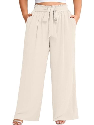 AusLook Plus Size Wide Leg Pants for Women High Waist Elastic Drawstring Palazzo Casual Lounge Ivory 4X Pants with Pockets Flowy Travel Work Office Comfortable Summer Casual Trousers - Image 1