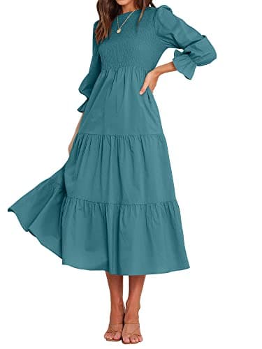 BTFBM Women Casual Long Sleeve Dress Fall Dresses 2025 Solid Color Relaxed Fit Smocked Tiered Flowy Boho Long Dresses(Solid Lake Blue,XX-Large) - Image 1