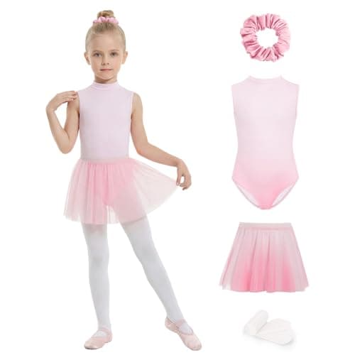 JiAmy Ballet Leotards for Girls 4 Pcs with Removable Skirt Gradient Color Dance Dress Outfits Combo Tights Scrunchy 7-8Y,Pink - Image 1