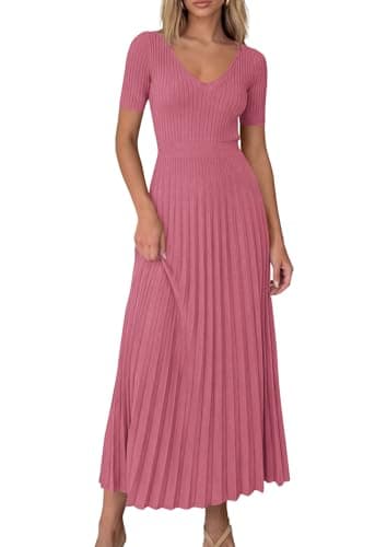 PRETTYGARDEN Women's 2026 Spring Midi Sweater Dresses Elegant Pleated Ribbed Knit Short Sleeve V Neck A Line Summer Outfits (Dusty Pink,Small) - Image 1