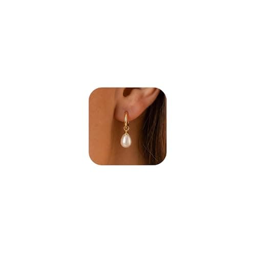 Gold Pearl Drop Earrings for Women Pearl Dangle Huggie Hoops - Image 1