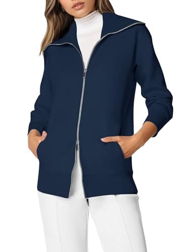 COCOMARTS Womens Crewneck Sweatshirts Zip Up Hoodies Casual Jacket with Pockets 2025 Fall Winter Fahsion Outfits Clothes Navy Blue Medium - Image 1