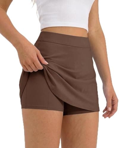 SEAJOJO Skorts for Women with Pockets High Waisted Athletic Tennis Mini Skirt with Shorts Underneath Golf Pickleball Workout Brown - Image 1