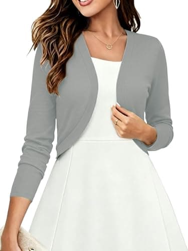 Heymoments Women's Long Sleeve Thin Shrugs for Dresses Grey Medium Open Front Knit Lightweight Coat Cropped Tops Shawls and Wraps Cardigan Dressy Sweater Clothes - Image 1
