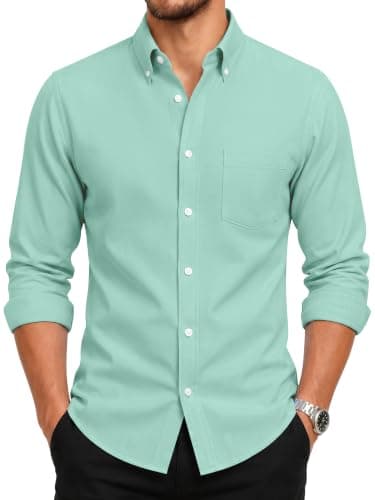 GIANZEN Grade 3.5 Wrinkle-Resistant Men's Light Blue Green Lightweight Oxford Dress Shirts Long Sleeve Casual Pocket Shirt Light Blue Green Size XXL - Image 1