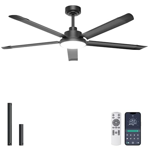Ohniyou 60'' Ceiling Fan with Lights, Industrial Ceiling Fan with 5 Aluminum Blades, App/Remote Controlled, Dimmable, for Outdoor Patio, Garage, Black - Image 1