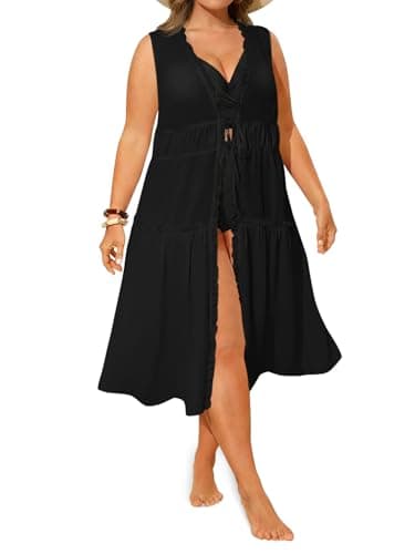 Yousify Womens Plus Size Swimsuit Long Cover Up Chiffon Bikini Coverups Kimono Tie Front Bathing Suit Beachwear Black - Image 1