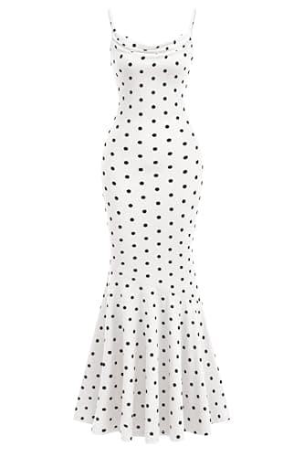 PRETTYGARDEN Womens Summer Dresses 2026 Polka Dot Spaghetti Strap Cowl Neck Bodycon Wedding Cocktail Mermaid Maxi Dress(Dot White Black,Large) - Image 1