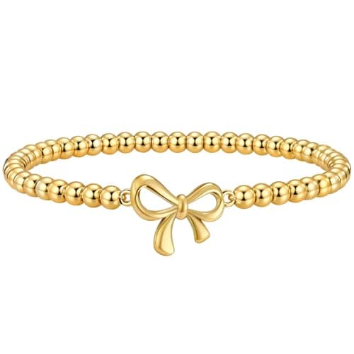 BOLAGTIER Cute Beaded Bow Charm Bracelet for Women Stretch (Gold)