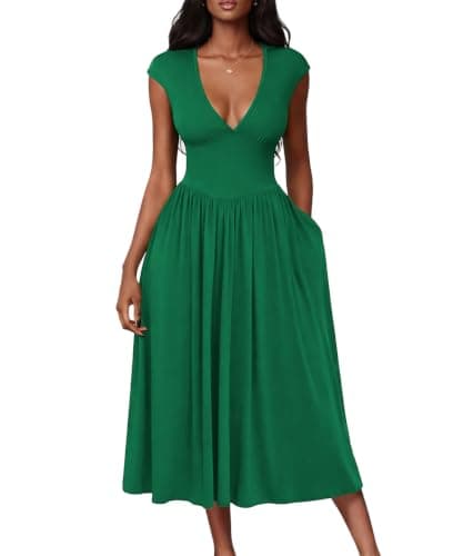 ABKY Womens Midi Dresses Deep V Neck Cap Sleeve Back- Tie A-Line Swing Dress with Pocket Party Foraml Date Night Prom Outfits Green XL - Image 1