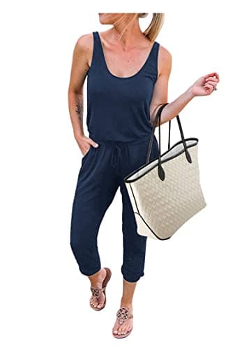 KIRUNDO Women 2026 Summer Jumpsuits Casual Sleeveless Drawstring Elastic Waist Romper Vacation Cruise Airport Travel Outfits(Dark Blue, XX-Large) - Image 1
