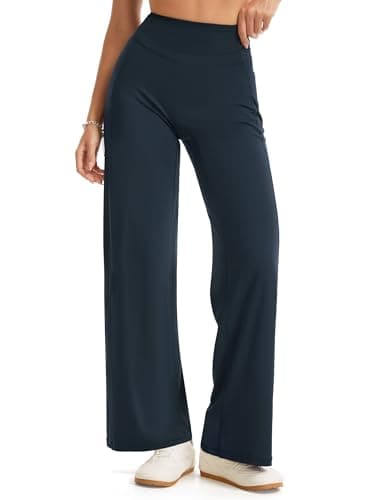 THE GYM PEOPLE Women's Booty Lifting Wide Leg Yoga Pants High Waist No Front Seam Straight Workout Leggings with Pockets Blue - Image 1