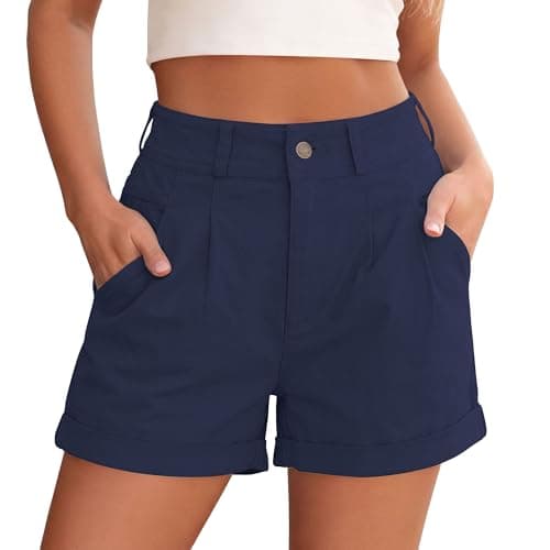 PRETTYGARDEN High Waisted Shorts Women 2026 Summer Business Casual Trousers Pleated Tailored Cuffed Bottoms with Pockets(Navy Blue,XX-Large) - Image 1
