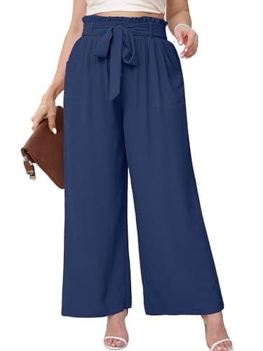 AusLook Women's Plus Size Wide Leg Pants with Pockets Dark Blue 3X Lightweight High Waisted Tie Knot Paperbag Dressy Palazzo Loose Paper Bag Comfy Business Casual Work Flowy Dress Ladies' Trousers - Image 1