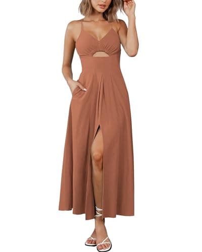 BTFBM Women 2026 Spaghetti Strap Midi Summer Dresses Sleeveless V Neck Cutout Slit Casual Beach Party Maxi Dress Pockets(Light Brown, X-Large) - Image 1