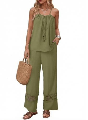 Dokotoo 2 Piece Outfits for Women Resort Wear 2026 Sexy Holiday Beach Solid Spaghetti Strap Shirts and Elegant Wide Leg Long Pants With Pockets Green Small - Image 1